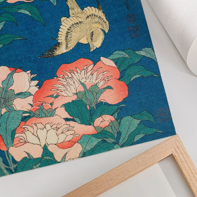 Poster Peonie e un canarino di Katsushiki Hokusai (1834) – xilografia d'epoca