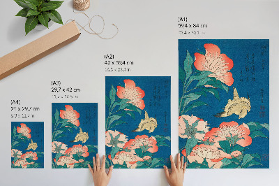 Poster Peonie e un canarino di Katsushiki Hokusai (1834) – xilografia d'epoca