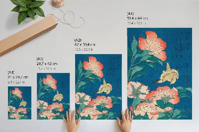 Poster riproduzione della xilografia d'epoca Peonie e un canarino di Katsushika Hokusai del 1834
