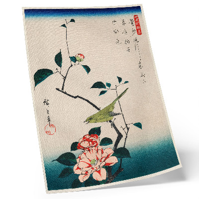 Poster Illustrazione Ukiyo-e di Camelia e Usignolo di Utagawa Hiroshige (1797-1858)