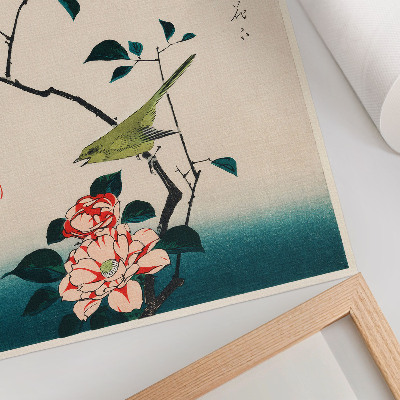 Poster Illustrazione Ukiyo-e di Camelia e Usignolo di Utagawa Hiroshige (1797-1858)