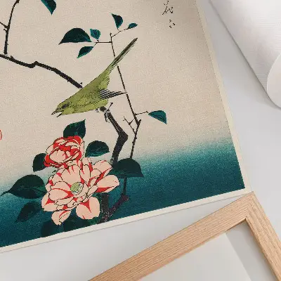 Poster Illustrazione Ukiyo-e di Camelia e Usignolo di Utagawa Hiroshige opera d'arte del 1797-1858