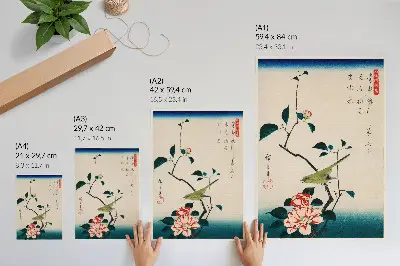 Poster Illustrazione Ukiyo-e di Camelia e Usignolo di Utagawa Hiroshige opera d'arte del 1797-1858