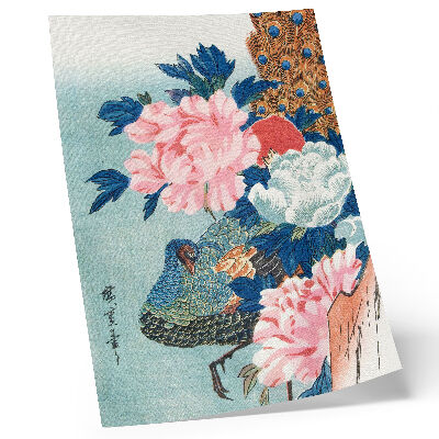 Stampa su tela Pavone e peonie, stampa xilografica giapponese d'epoca di Utagawa Hiroshige
