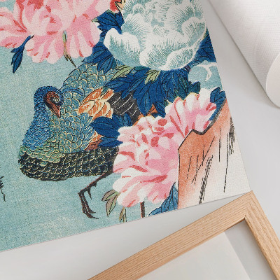 Stampa su tela Pavone e peonie, stampa xilografica giapponese d'epoca di Utagawa Hiroshige