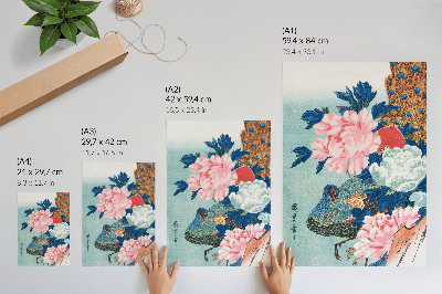 Stampa su tela Pavone e peonie, stampa xilografica giapponese d'epoca di Utagawa Hiroshige