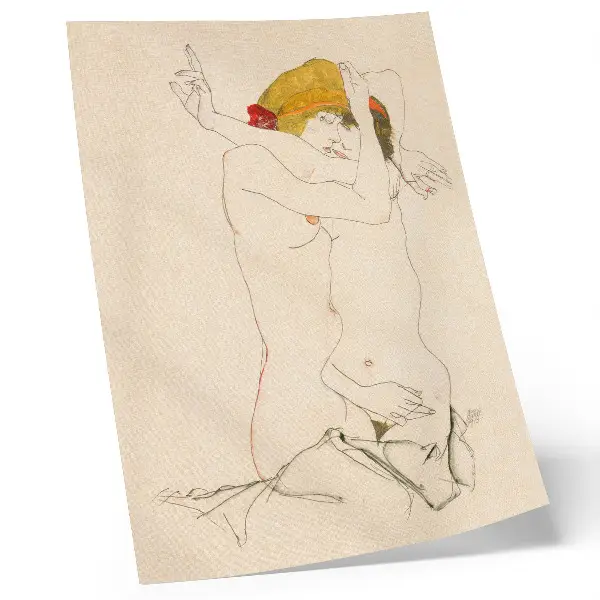 Foto su tela Due donne che si abbracciano del 1913 di Egon Schiele, un disegno a tratto femminile dalla collezione del MET
