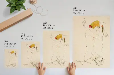 Foto su tela Due donne che si abbracciano del 1913 di Egon Schiele, un disegno a tratto femminile dalla collezione del MET
