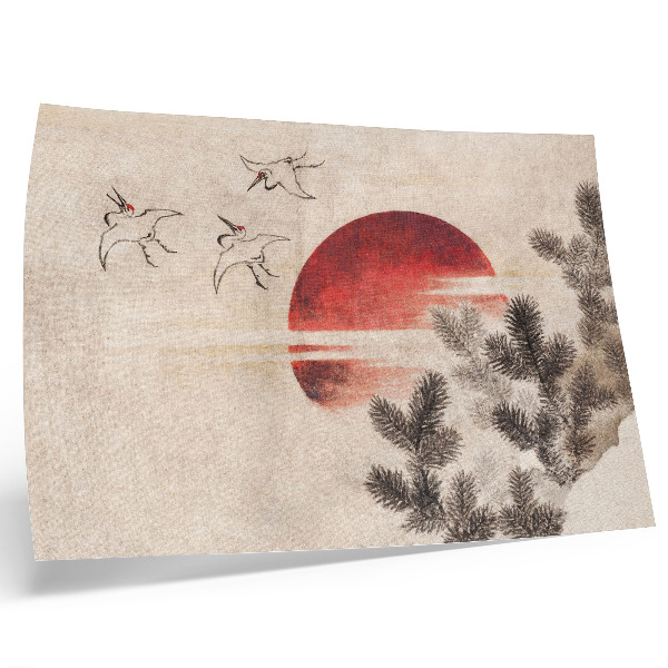 Poster Uccelli e tramonto di Katsushika Hokusai dall'Album di schizzi (1814), stampa xilografica giapponese d'epoca