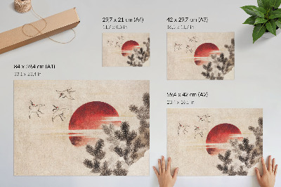 Poster Uccelli e tramonto di Katsushika Hokusai dall'Album di schizzi (1814), stampa xilografica giapponese d'epoca