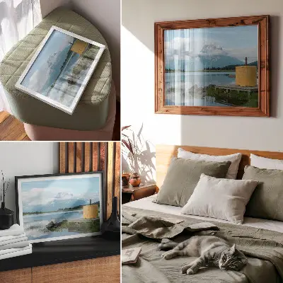Poster con montagne, lago, nuvole e ponte dai colori saturi