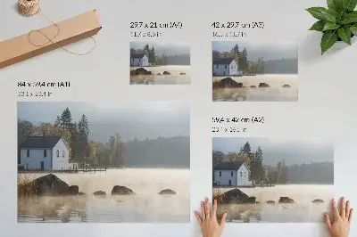 Stampa su tela moderna paesaggio autunnale con lago, cottage e alberi nella nebbia