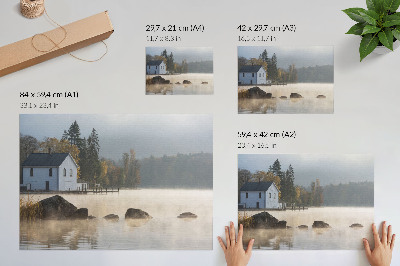 Stampa su tela moderna Paesaggio nebbioso, lago, cottage, alberi, autunno
