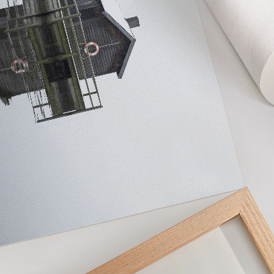 Poster dai colori saturi Casetta in legno in riva all'acqua, simmetria, minimalismo