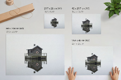 Poster dai colori saturi Casetta in legno in riva all'acqua, simmetria, minimalismo