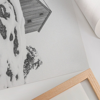 Poster murale di alta qualità Una casa invernale minimalista sullo sfondo della neve.