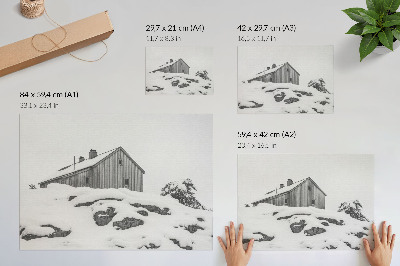 Poster murale di alta qualità Una casa invernale minimalista sullo sfondo della neve.