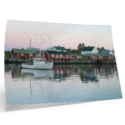 Poster murale di alta qualità con illustrazione di case rosse cubiste in riva al lago