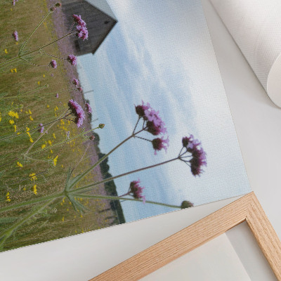 Poster dai colori saturi Fienile di campagna, prato di fiori viola e gialli