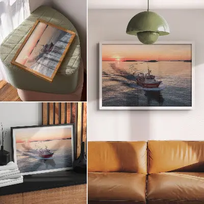 Poster dai colori saturi tramonto sul mare calmo con movimento della barca