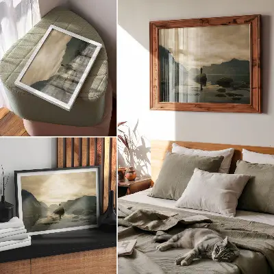 Poster montagna con lago e persona che ammira l'armonia della natura