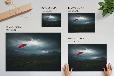 Poster dai colori saturi ombrello rosso nuvole scure montagne paesaggio