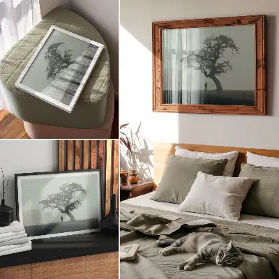 Poster albero solitario con silhouette scura in atmosfera nebbiosa
