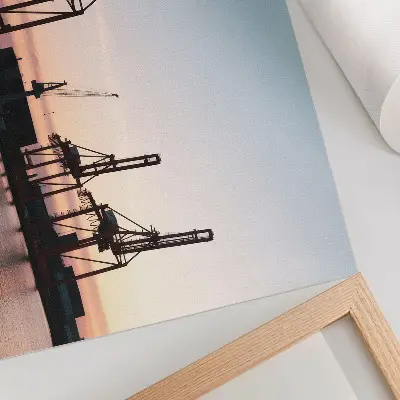 Poster murale di alta qualità raffigurante gru nel porto al tramonto