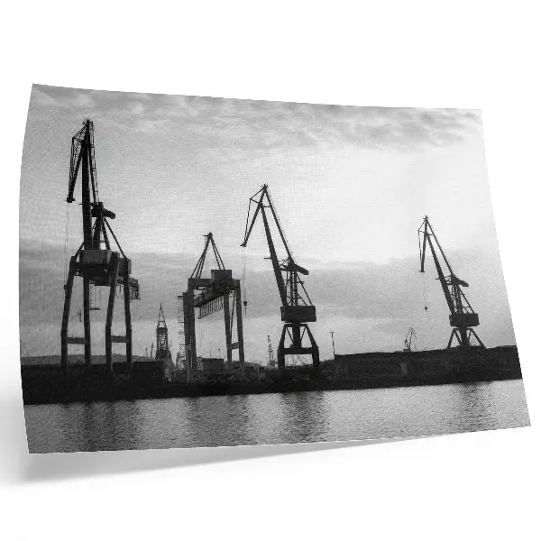 Stampa su tela moderna con gru portuali dal design minimalista in bianco e nero