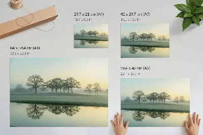 Poster con colori saturi superficie dell'acqua calma con riflesso degli alberi e leggera nebbia