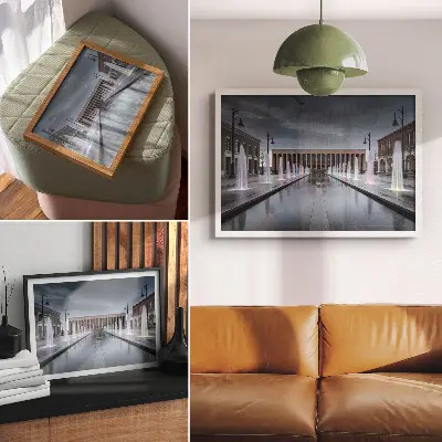 Poster fontane e architettura con illuminazione moderna