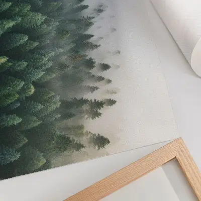Stampa su tela moderna raffigurante una foresta verde nella nebbia suggestiva e misteriosa