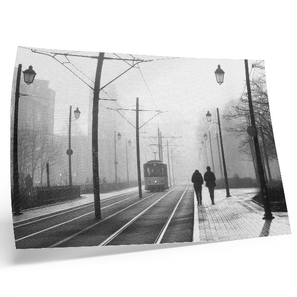 Stampa su tela moderna Nebbia del tram, lampioni, atmosfera urbana