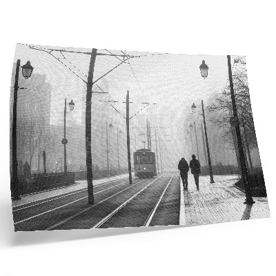 Stampa su tela moderna Nebbia del tram, lampioni, atmosfera urbana