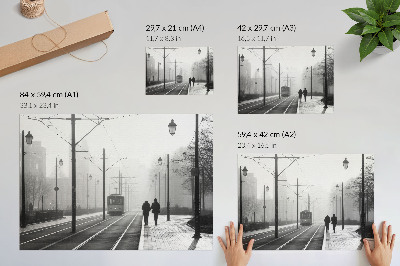 Stampa su tela moderna Nebbia del tram, lampioni, atmosfera urbana