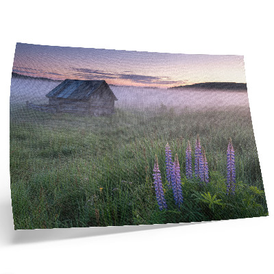 Stampa su tela moderna Casetta di legno pittoresca, nebbia, fiori, natura