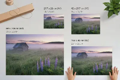 Stampa su tela moderna casetta di legno pittoresca tra nebbia e fiori
