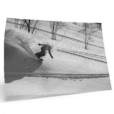 Stampa su tela moderna Snowboarder in azione, contrasti tra gli alberi innevati