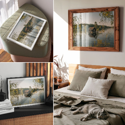 Poster Casetta sul lago con specchi d'acqua nella foresta, pace