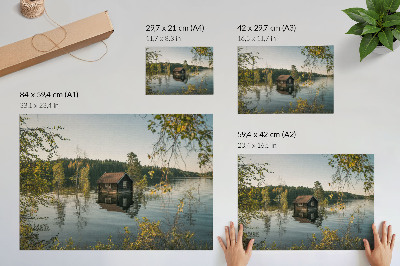 Poster Casetta sul lago con specchi d'acqua nella foresta, pace