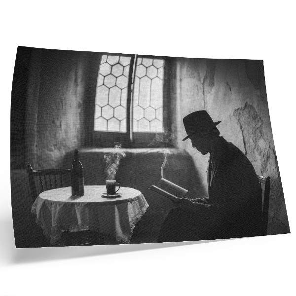 Poster dai colori saturi Atmosfera in bianco e nero, uomo con un libro, eleganza classica