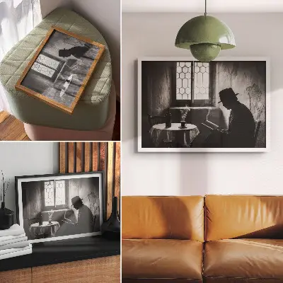 Poster con stampa dai colori saturi atmosfera in bianco e nero con uomo che legge un libro dal gusto classico