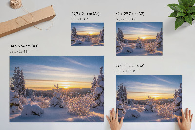 Poster dai colori saturi Paesaggio invernale con neve e sole all'orizzonte.