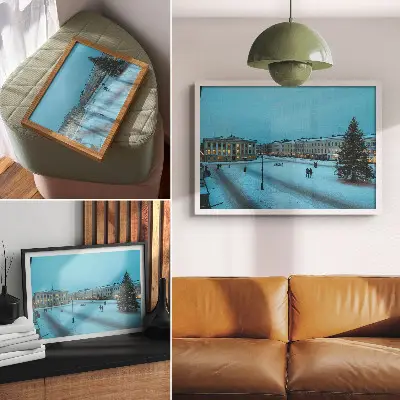 Poster paesaggio invernale con architettura classica e atmosfera natalizia