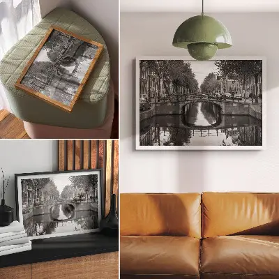 Stampa su tela moderna con ponti in bianco e nero e spazio urbano dei canali