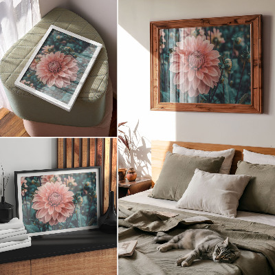 Poster dai colori saturi Composizione moderna con dalie rosa e foglie verdi.