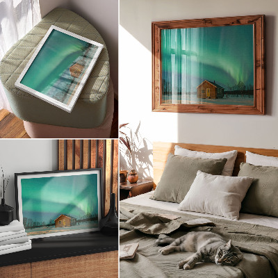 Poster dai colori saturi Aurora boreale sopra il cottage invernale