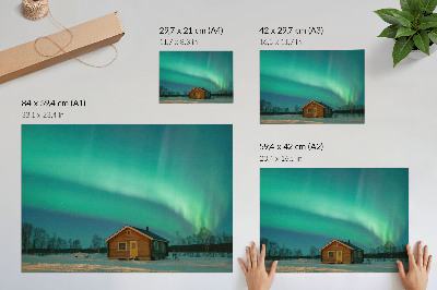 Poster dai colori saturi Aurora boreale sopra il cottage invernale