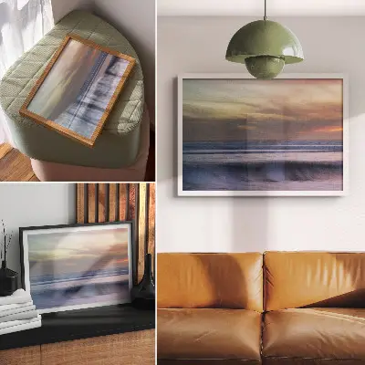 Stampa su tela moderna con onde oceaniche color pastello e sole al tramonto