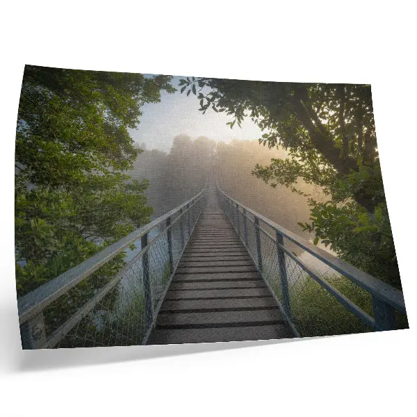 Poster con colori saturi ponte nella nebbia su un fiume in un ambiente verdeggiante